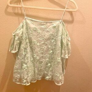 Hinge lace embroidered open shoulder top mint green size XS